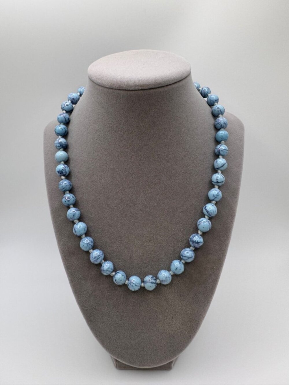 Blue Purple Marbled Glass Bead Necklace Pearlescent Hand Knotted Artisan 18”